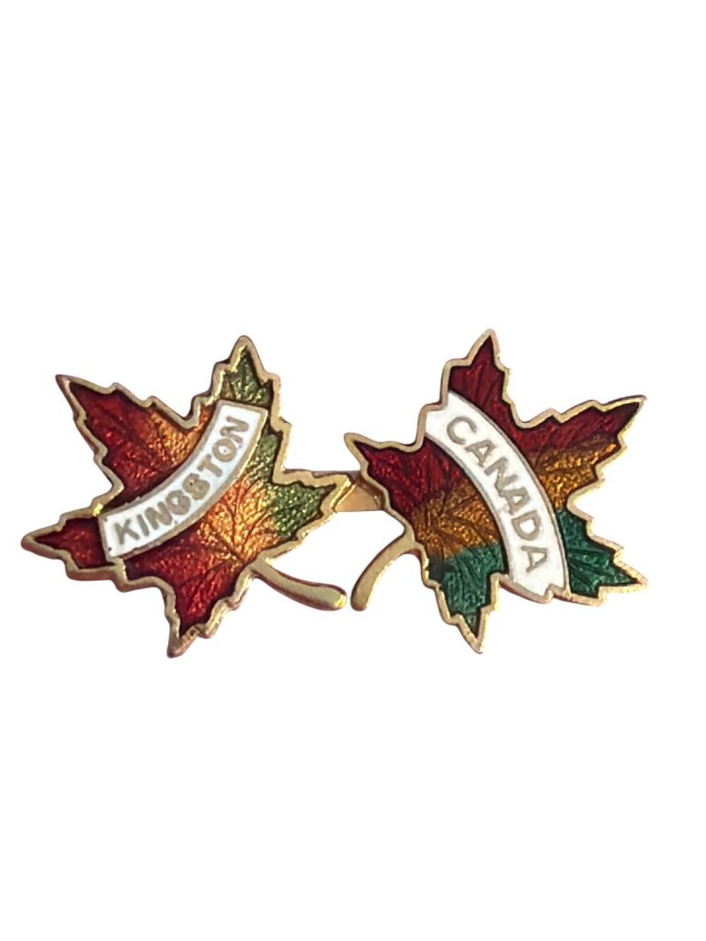 Vintage Kingston & Canada Maple Leaf Enamel Brooch Pin Souvenir Gold Tone 1.5"